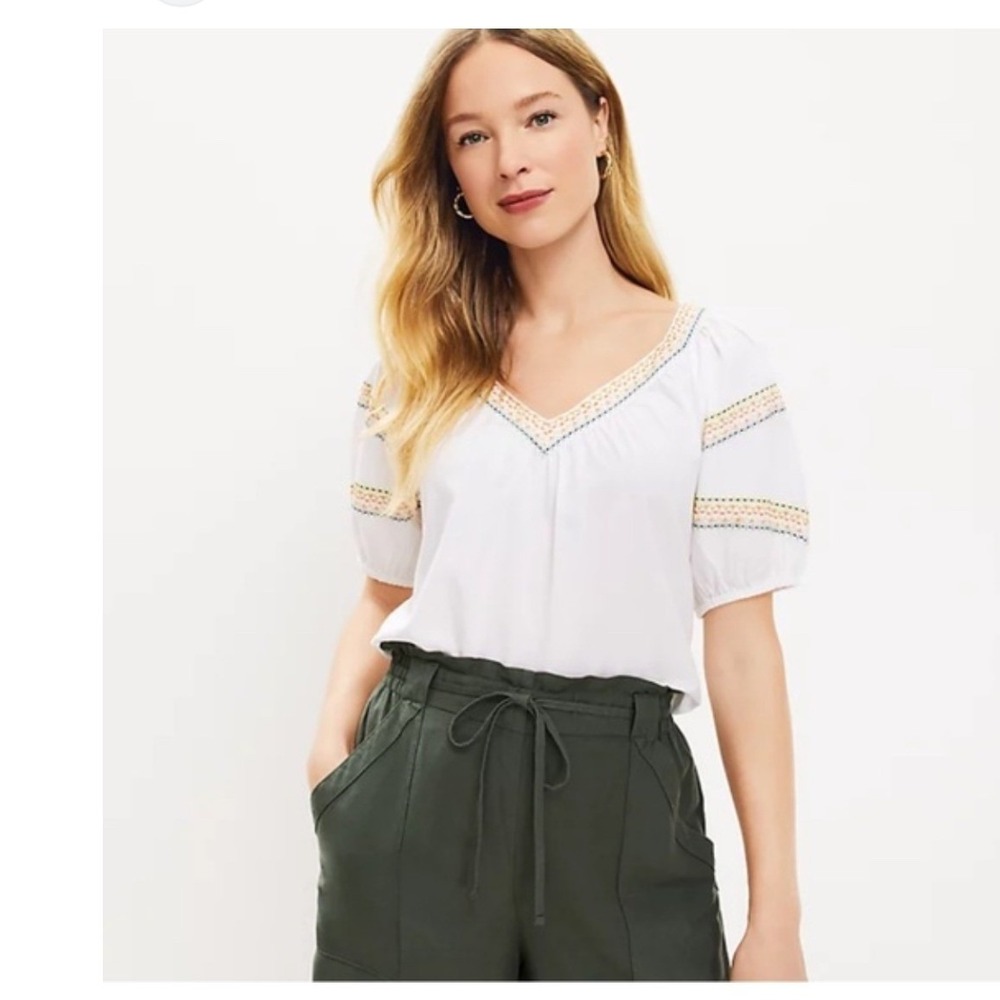 Loft Womens White Embroidered V-Neck Puff Sleeve Cotton Lyocell Blouse XS